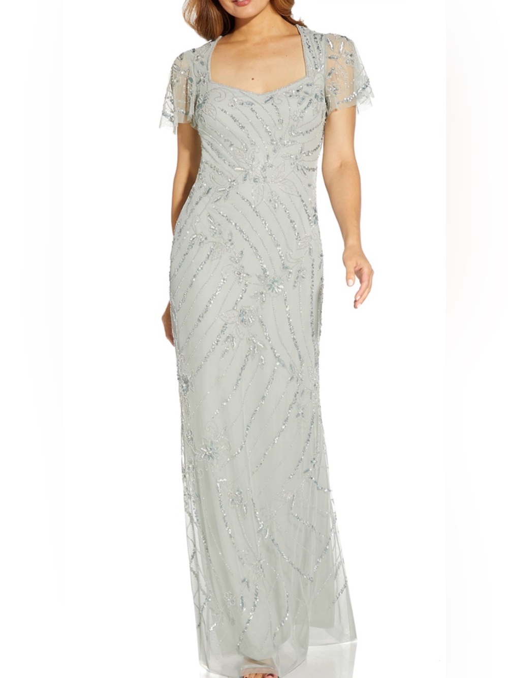 Adrianna Papell Silver Beaded Light Green Embellished Maxi Dress